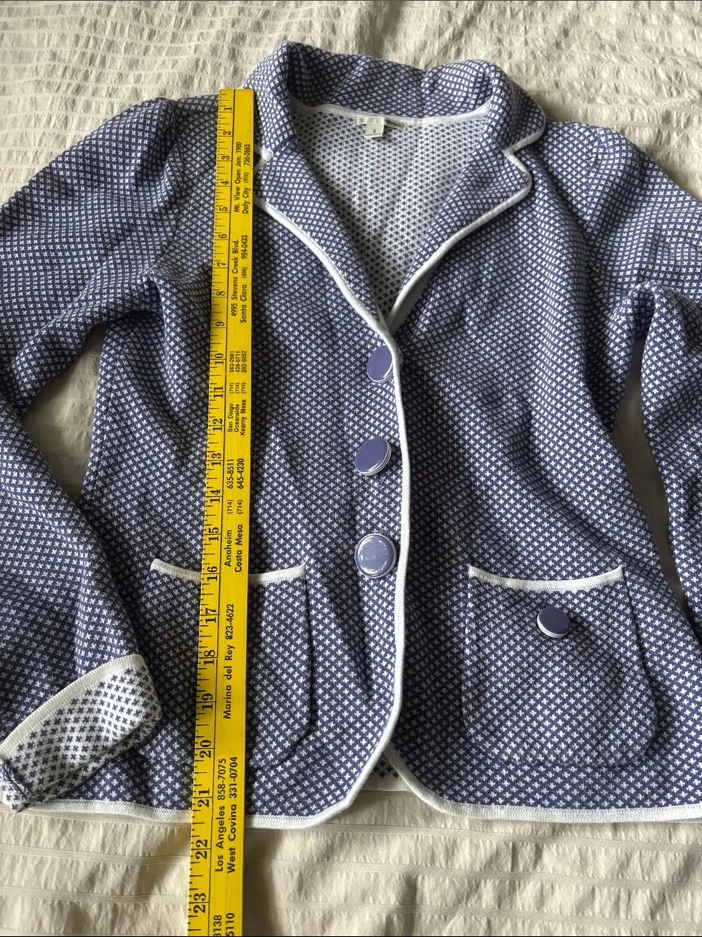 Halogen Blazer with White Piping and Geometric Print